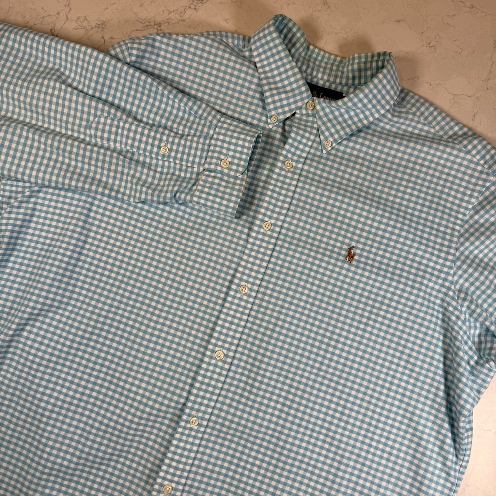 Ralph Lauren Shirt Mens 2XL Blue Check Gingham Flesh Pony Classic Fit Work XXL